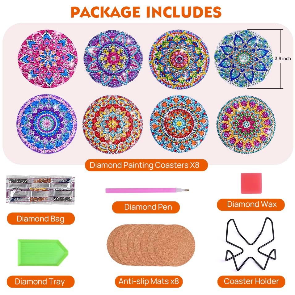 Sparkling Mandala Diamond Art Coaster Kit - 8 Pcs