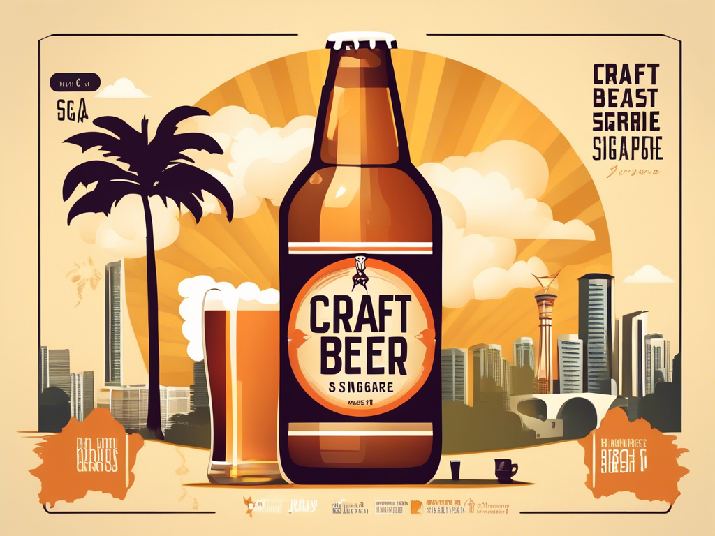 An illustration of a craft beer bottle and glass in front of a city skyline, featuring prominent labels and a tropical backdrop.