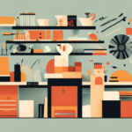 Illustration of an organized garage workbench with various tools, equipment, and storage shelves. Colorful yet minimalist design emphasizes utility and tidiness.