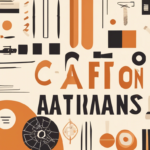 Abstract artwork featuring geometric shapes and text in various sizes and orientations, primarily in shades of orange, black, and cream. The text reads "C Afton Aatmams.