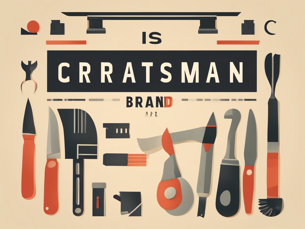 An array of hand tools including pliers, a wrench, screwdrivers, and a utility knife are arranged around stylized text spelling "CRRATSMAN BRAND" against a beige background.