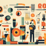 Illustration featuring various objects such as a microscope, beakers, and tools arranged in a collage style with abstract human figures and ornamental elements in orange, green, and black tones.