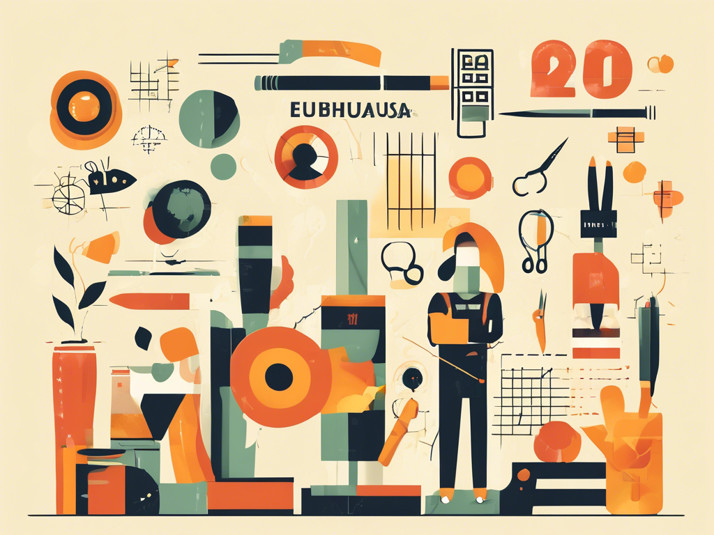 Illustration featuring various objects such as a microscope, beakers, and tools arranged in a collage style with abstract human figures and ornamental elements in orange, green, and black tones.