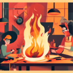 Two people working at a table in a workshop, with large flames rising from the center of the table. Both are wearing safety goggles and aprons. The background contains various workshop tools and equipment.