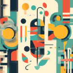 A colorful abstract painting featuring geometric shapes in various sizes and colors, including circles, rectangles, and lines, arranged in a complex, overlapping composition on a teal background.