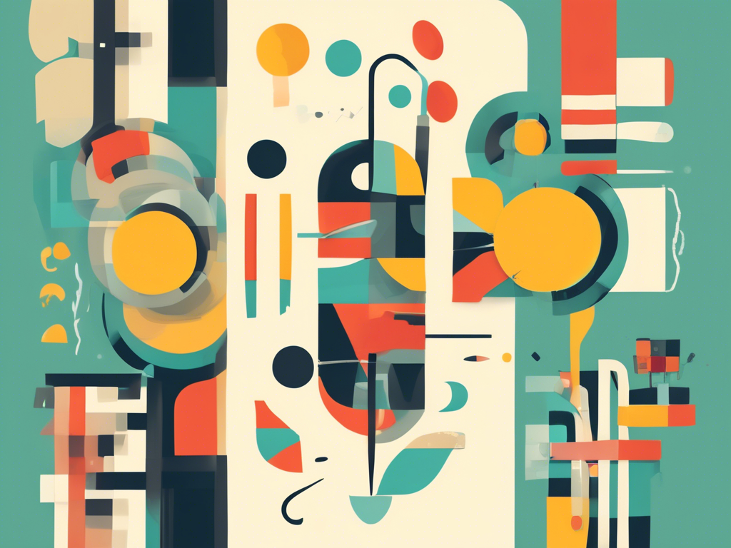 A colorful abstract painting featuring geometric shapes in various sizes and colors, including circles, rectangles, and lines, arranged in a complex, overlapping composition on a teal background.