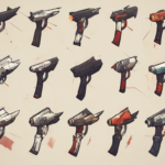 Illustration showcasing 15 different futuristic handguns with varying designs and colors arranged in a grid pattern.