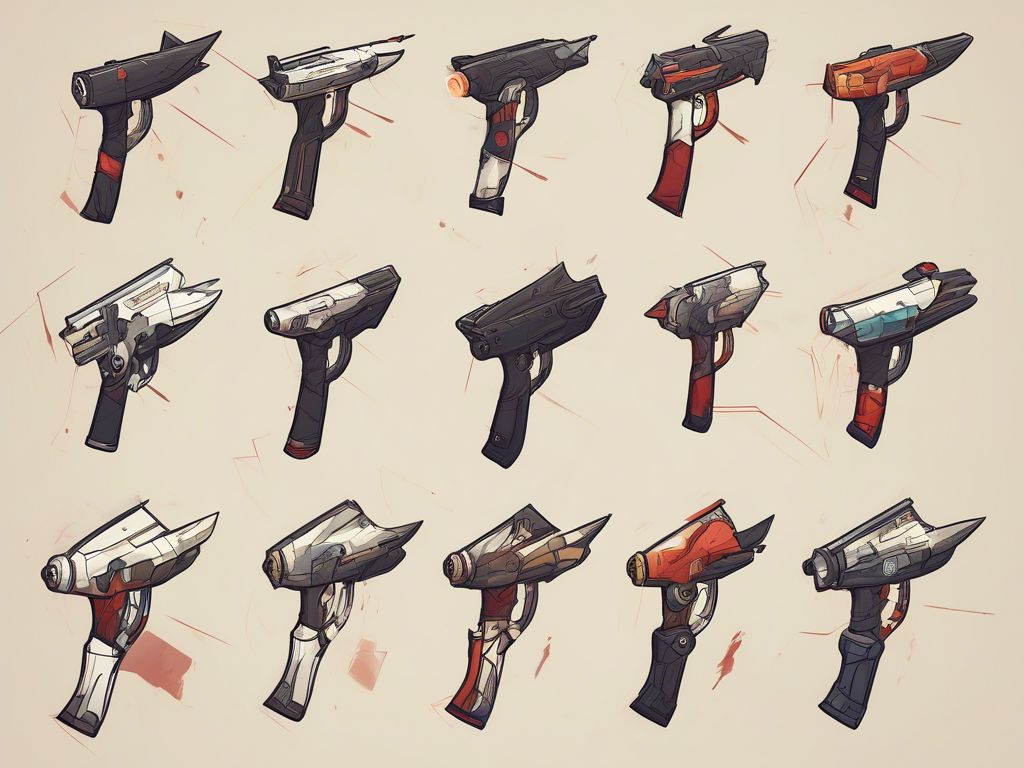 Illustration showcasing 15 different futuristic handguns with varying designs and colors arranged in a grid pattern.