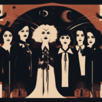 A monochromatic illustration features six women in dark clothing standing side by side, with abstract elements such as webs, moons, and birds in the background.