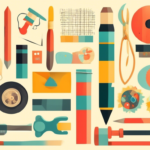 A colorful assortment of various abstract shapes, resembling stationary tools and geometric objects, organized on a light background.