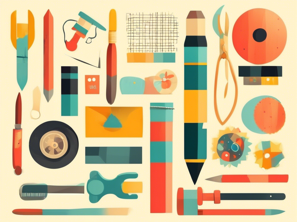 A colorful assortment of various abstract shapes, resembling stationary tools and geometric objects, organized on a light background.