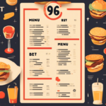 Illustrated menu featuring burgers, drinks, and sides on a dark background. The menu showcases various items with corresponding prices, alongside images of food and beverages surrounding the central list.