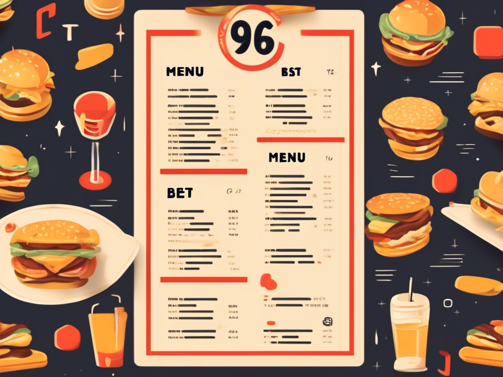 Illustrated menu featuring burgers, drinks, and sides on a dark background. The menu showcases various items with corresponding prices, alongside images of food and beverages surrounding the central list.