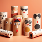 Several rolls of decorative paper with various cartoon faces are set against an orange background.