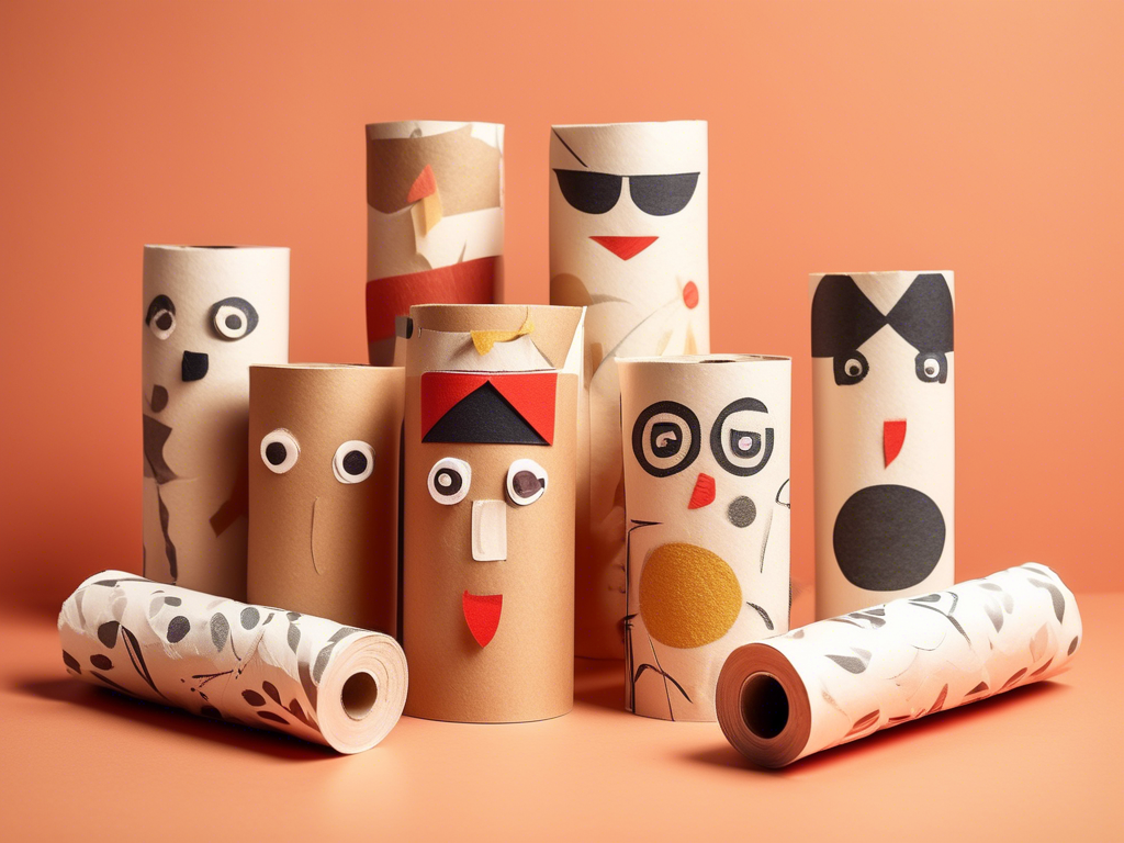 Several rolls of decorative paper with various cartoon faces are set against an orange background.