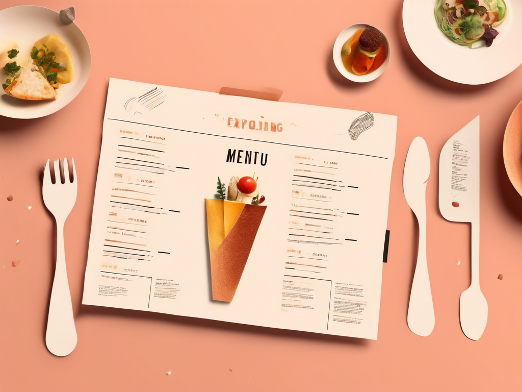 A restaurant menu on a light pink table with plates of food, cutlery, and a folded napkin. The menu features a graphic of a taco and lists various items.