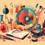 A colorful, abstract digital art piece featuring geometric shapes, art supplies, and an open book. Various objects are scattered, creating a vibrant and artistic atmosphere.