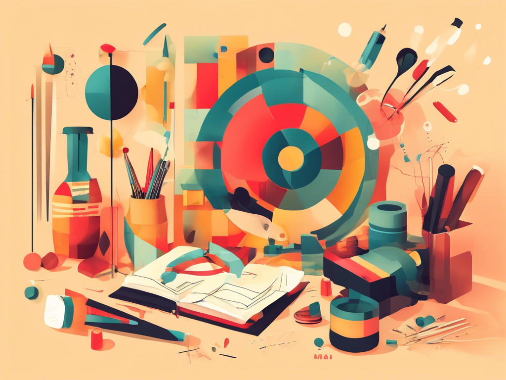 A colorful, abstract digital art piece featuring geometric shapes, art supplies, and an open book. Various objects are scattered, creating a vibrant and artistic atmosphere.