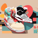 Illustration of two brightly colored sneakers positioned one above the other, set against a geometric background with abstract shapes.