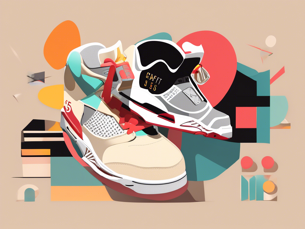 Illustration of two brightly colored sneakers positioned one above the other, set against a geometric background with abstract shapes.