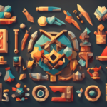 A collection of various colorful, low-poly objects arranged on a dark surface, including tools, weapons, and geometric shapes.