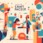 Abstract illustration featuring two people in a creative studio environment surrounded by geometric shapes and faint text reading "Craft Space." Bright orange, teal, and beige colors dominate the scene.