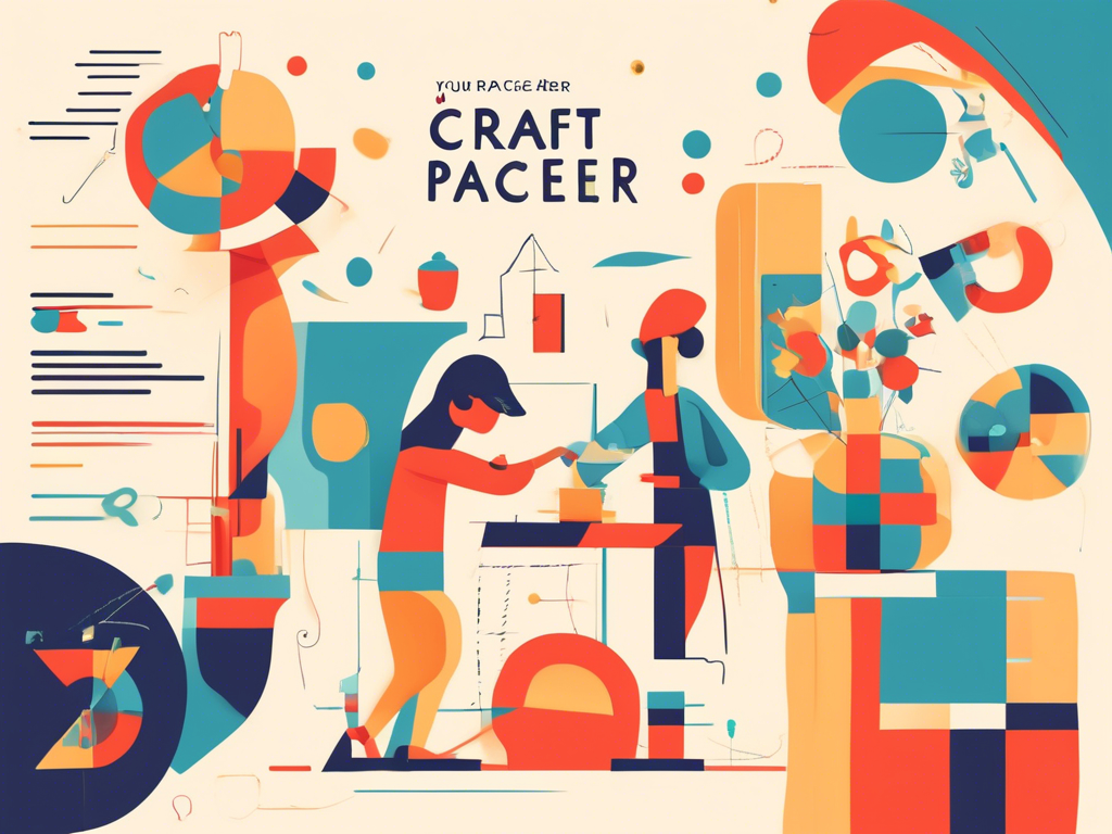 Abstract illustration featuring two people in a creative studio environment surrounded by geometric shapes and faint text reading "Craft Space." Bright orange, teal, and beige colors dominate the scene.