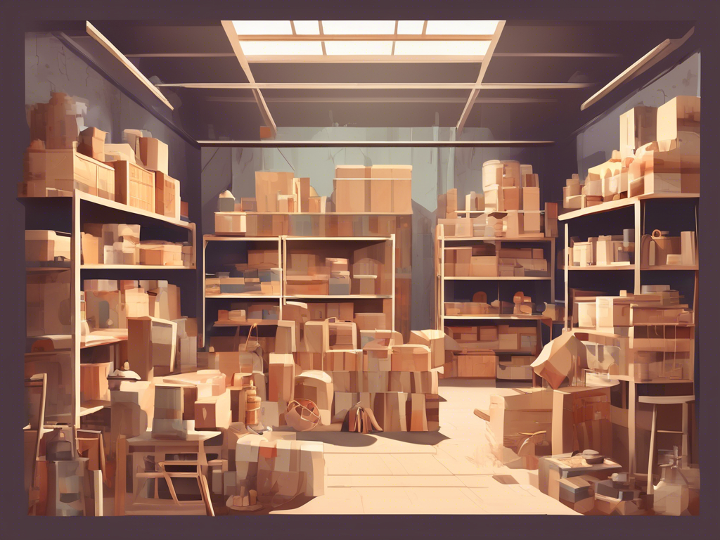 A storage room filled with various cardboard boxes and items placed on metal shelves, illuminated by a skylight.