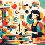 Abstract illustration of a person painting. The scene is vibrant with geometric shapes and various colors surrounding the individual, who holds a paintbrush and appears focused on their work.