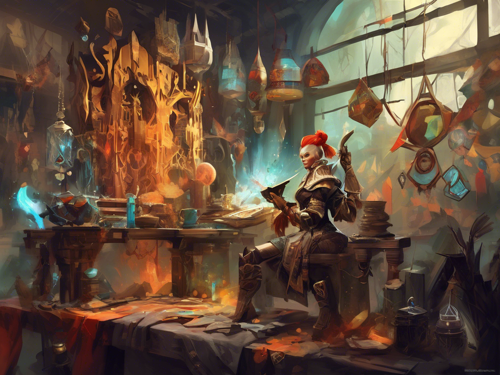 A woman with red hair sits in a cluttered, mystical workshop, reading a book. The room is filled with glowing artifacts, hanging lanterns, and magical items.