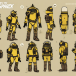 A detailed illustration of a yellow spacesuit shown from multiple angles, highlighting its features and accessories.