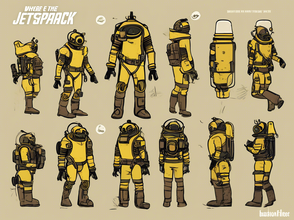 A detailed illustration of a yellow spacesuit shown from multiple angles, highlighting its features and accessories.