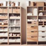 Two wooden shelving units with various storage compartments containing crafting supplies, including brushes, fabric rolls, and baskets, neatly organized on a light wooden floor against a plain background.