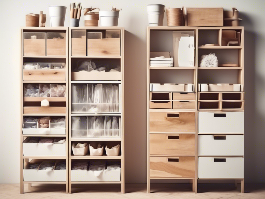 Two wooden shelving units with various storage compartments containing crafting supplies, including brushes, fabric rolls, and baskets, neatly organized on a light wooden floor against a plain background.