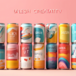 An assortment of vibrantly colored beverage cans displayed in two rows against a pink background, with the text "UNLESH CREATATIVY" above them.