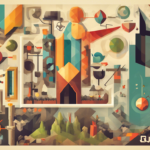 Abstract geometric art featuring colorful, angular shapes and patterns with a central architectural form and various interconnected elements. The word "QUEST" appears in the lower right corner.