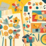 An assortment of colorful paper cutouts, flowers, geometric shapes, and tools are spread across a yellow and white workspace.