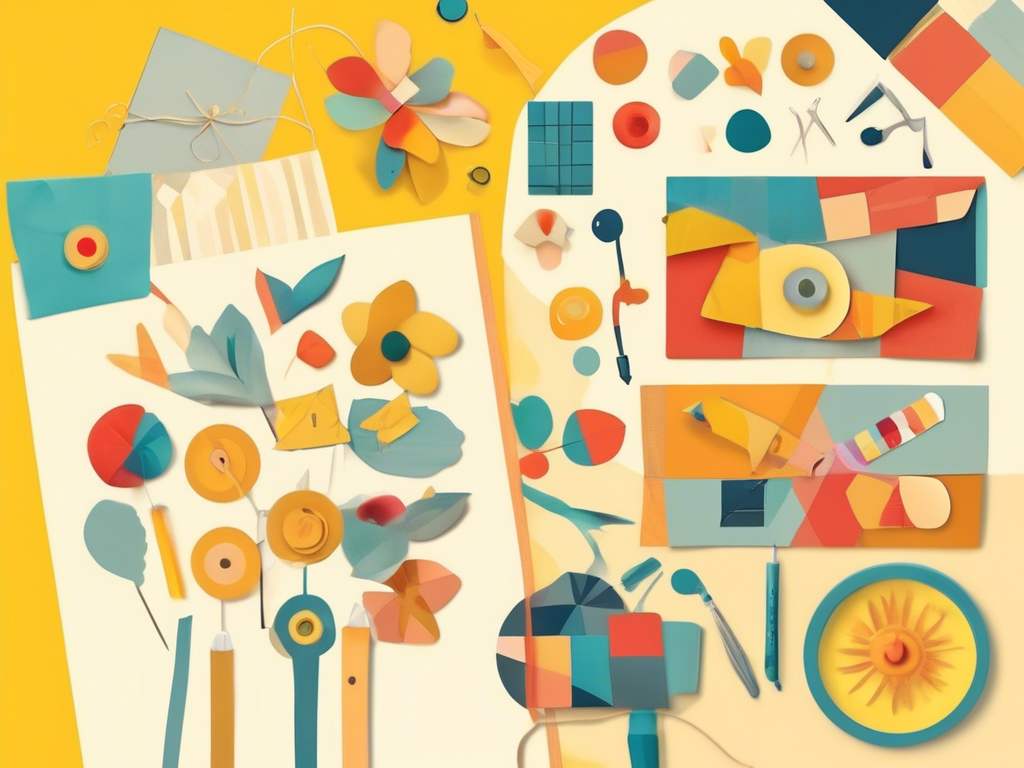 An assortment of colorful paper cutouts, flowers, geometric shapes, and tools are spread across a yellow and white workspace.