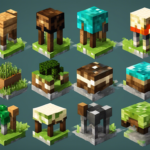 Three rows of Minecraft-style animal and block designs in a grid layout on a green background. The models include various creatures and environmental blocks in pixelated, 3D form.