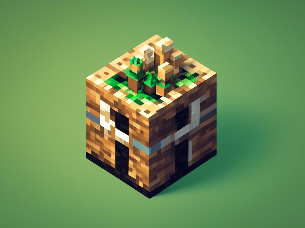 A pixelated 3D block with green plants growing on top, set against a plain green background. The block is composed of earth tones and wood textures, resembling a gaming or virtual environment.