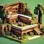 A detailed Minecraft-inspired model features a tiered structure with greenery, terrain, and a tree, set on a green base.