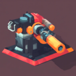 Polygonal 3D rendering of a stylized mechanical turret with orange and red elements against a dark background.