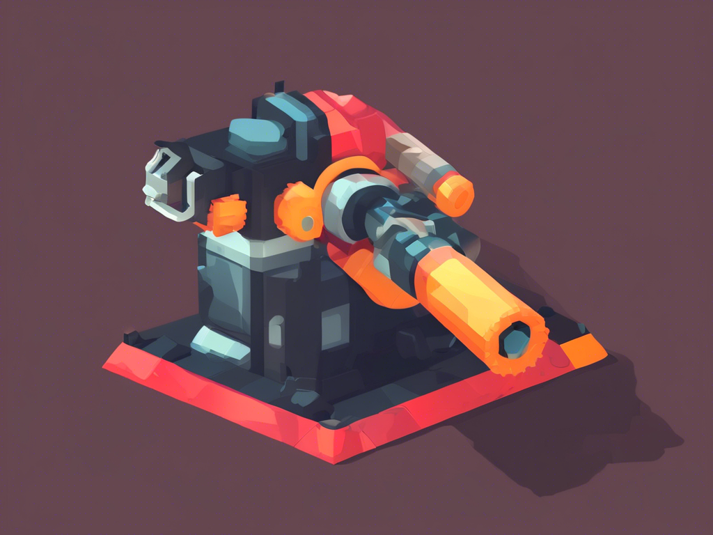 Polygonal 3D rendering of a stylized mechanical turret with orange and red elements against a dark background.