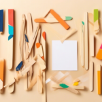 A collection of colored wooden popsicle sticks arranged haphazardly on a beige surface surrounding a blank white card in the center.