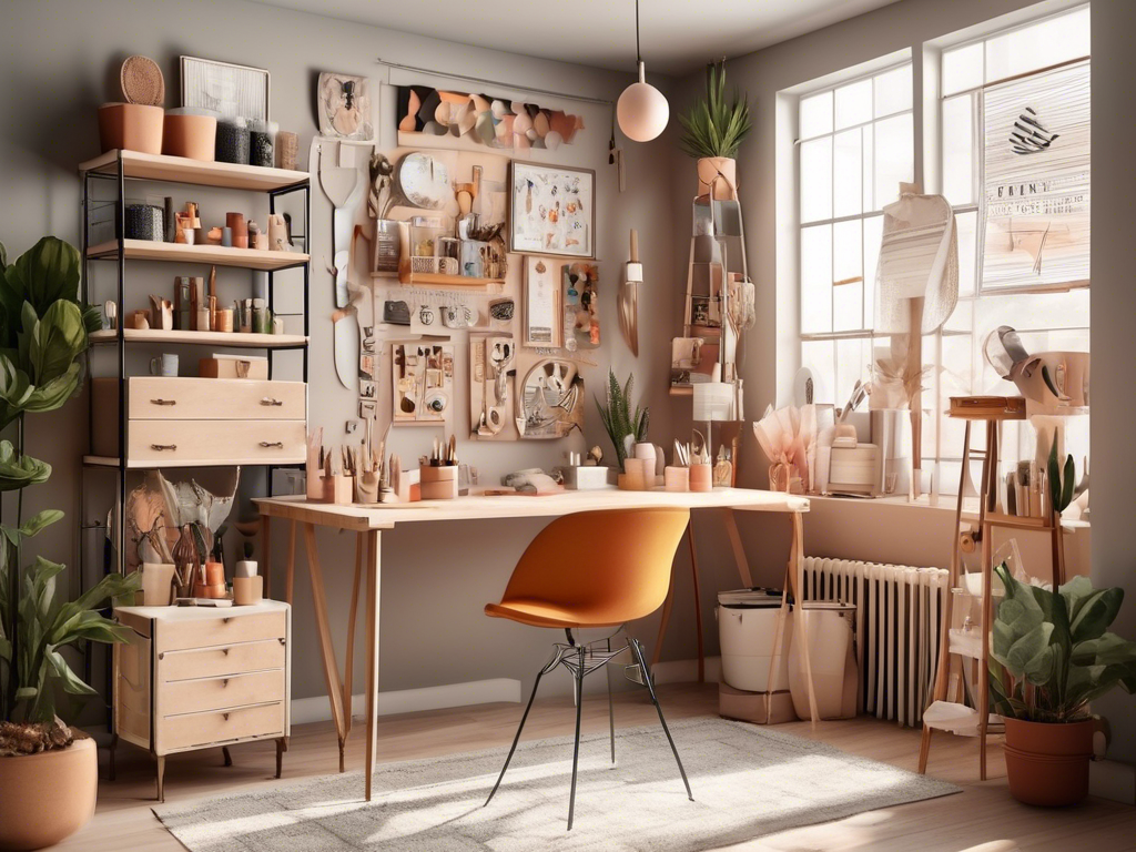 A well-organized, cozy art studio with wooden furnishings, open shelves filled with supplies, a large window letting in natural light, a central desk with art tools, and greenery scattered around.