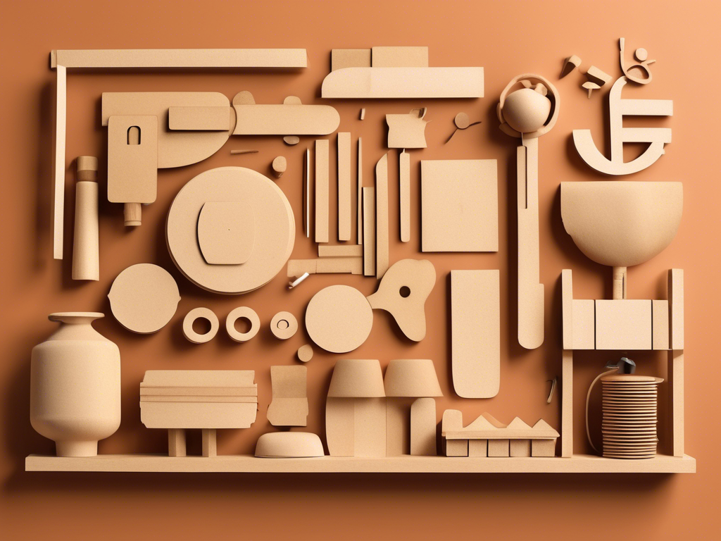 A variety of abstract, beige geometric shapes are arranged against an orange background. Objects are varied in size and form, resembling tools and household items.