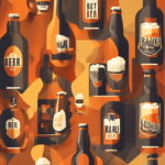 A variety of beer bottles and cans with different labels and types are displayed against an orange and yellow geometric background.