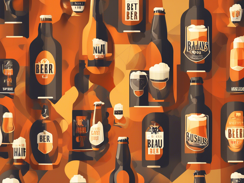 A variety of beer bottles and cans with different labels and types are displayed against an orange and yellow geometric background.