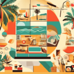 Abstract collage featuring tropical elements, geometric shapes, and a blend of warm colors. Includes palm trees, waves, and various artistic tools arranged in a vibrant layout.