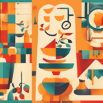 Abstract geometric artwork featuring assorted shapes and vibrant colors including orange, teal, and yellow. The composition includes bowls, bottles, and abstract forms.